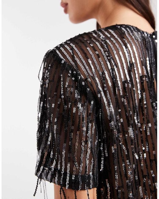 ONLY Black Tassels Sequin Mesh Top