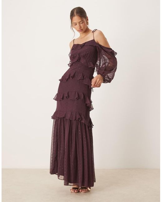 ANAYA Purple Cold Shoulder Ruffle Maxi Dress
