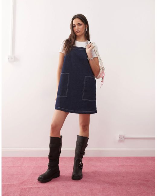Reclaimed (vintage) Women's Blue Mini Denim Pinafore Dress