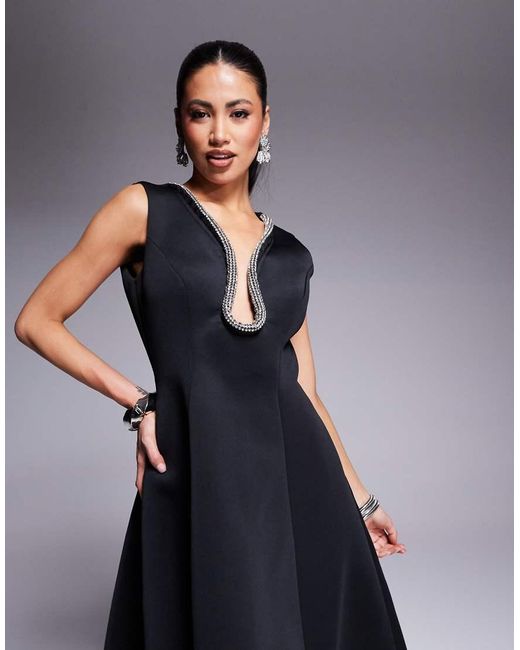 Goddiva Blue Diamante Embellished Neck A Line Midi Dress