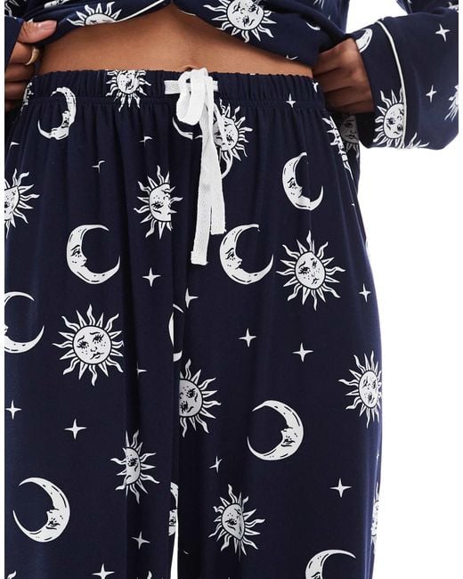 Loungeable Blue Super Soft Jersey Revere Top And Wide Leg Pajama Set With Piping Detail