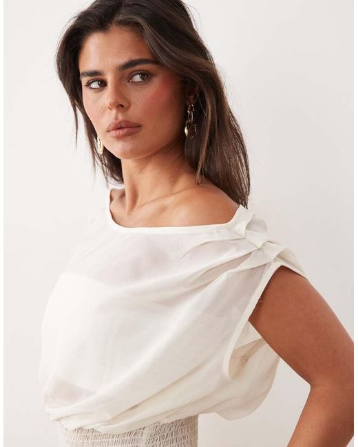 The Frolic Natural Exclusive Chiffon Drape Off Shoulder Shirred Waist Top