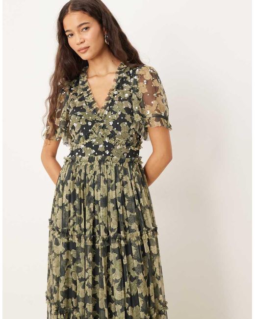 ANAYA Black Sequin V Neck Floral Maxi Dress