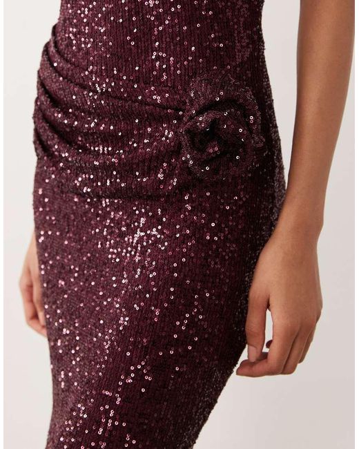 ASOS Red One Shoulder Sheet Sequin Midi Dress With Swirled Corsage Details