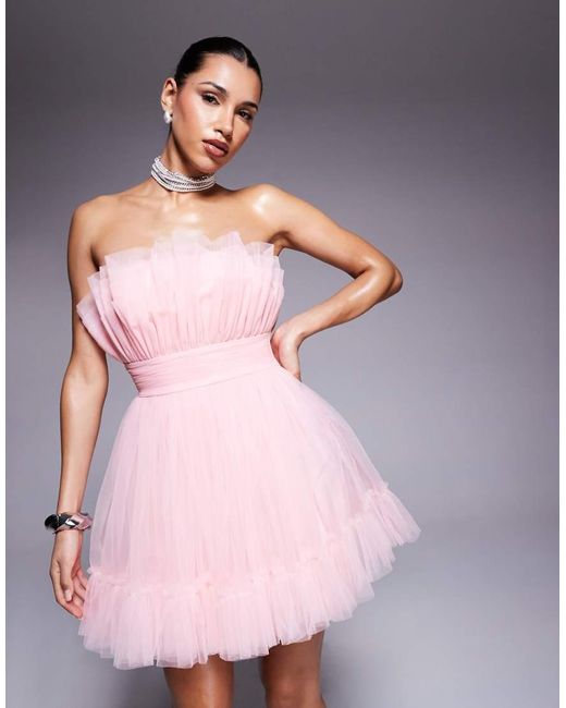 LACE & BEADS Pink Bandeau Structured Mini Dress
