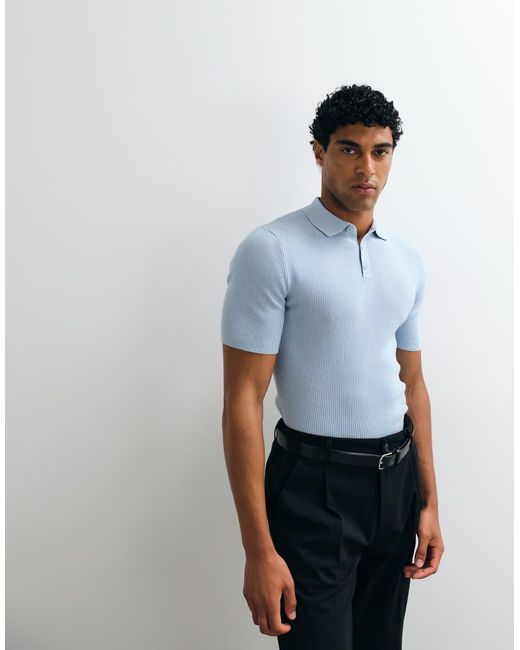 ASOS Blue Essential Muscle-Fit Fine-Rib Knit Polo for men