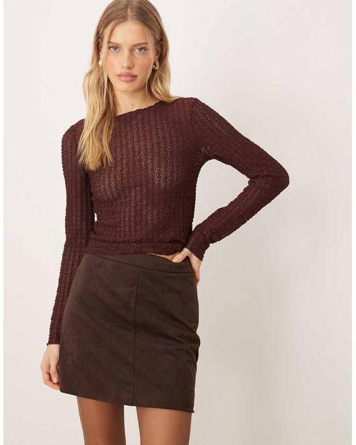 Aware Brown Textured Jersey Long Sleeve T-shirt With Lettuce Edging