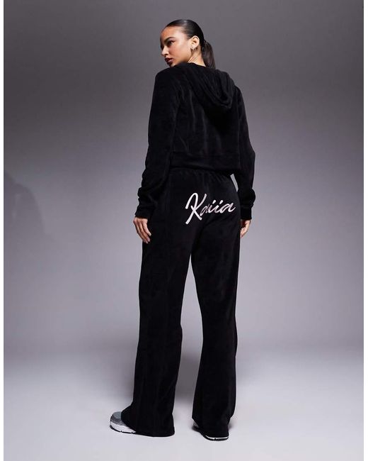 Kaiia Blue Embroidered Logo Velour Wide Leg joggers Co-ord