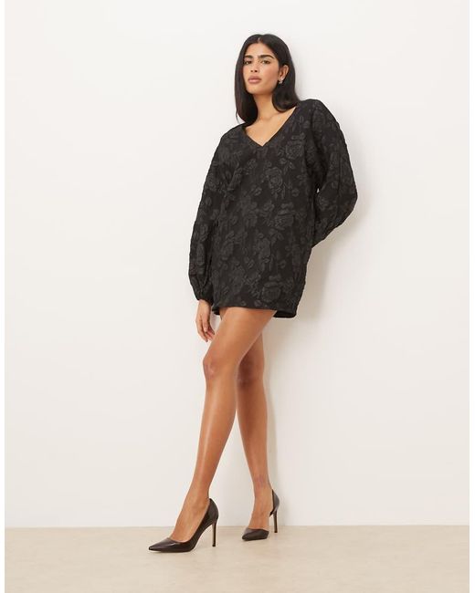 Gina Tricot Natural Long Sleeve V Neck Rose 3d Brocade Mini Dress