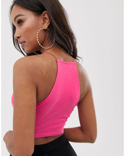 ASOS Crop Top With High Neck And Skinny Straps in Pink