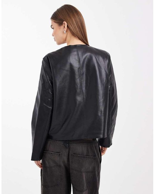 Vero Moda Black Collarless Faux Leather Short Jacket With Quilted Lining