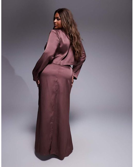 ASOS Brown Asos Design Curve Ruched Detail Satin Co-Ord Maxi Skirt