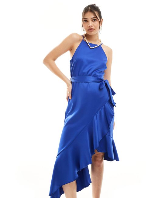 Style Cheat Blue Halter Neck Cami Midi Dress With Tie Waist