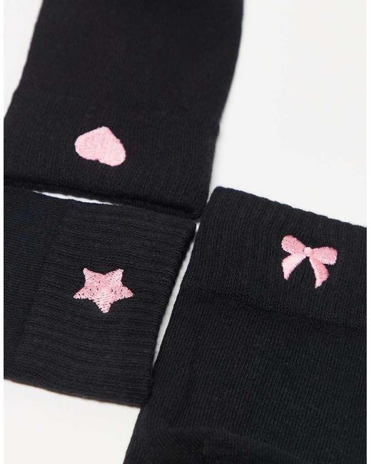 Pieces Black 3 Pack Pink Embroidered Socks