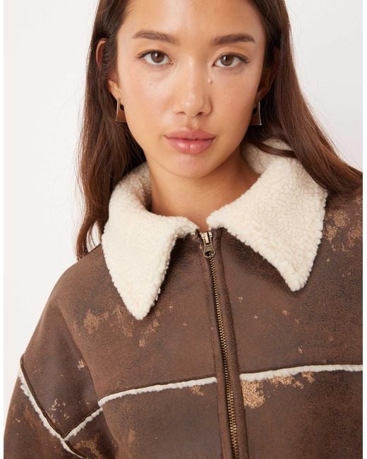 ASOS Brown Bonded Borg Fleece Zip Through Cropped Jacket