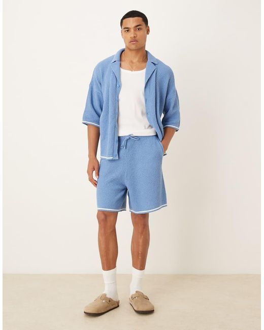 ASOS Blue Relaxed Knitted Button Through Polo Shirt Co-ord for men