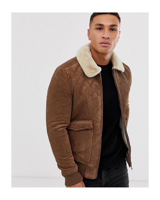 Pull&Bear Brown Cord Jacket With Faux Fur Collar for men
