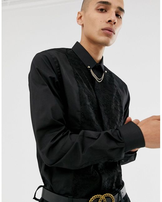 Chemise ajustée avec empiècement en dentelle et chaîne Twisted Tailor pour homme en coloris Black