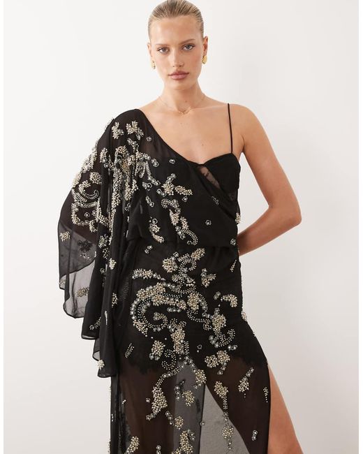ASOS Black Draped Batwing Sleeve Embellished Maxi Dress With Lace
