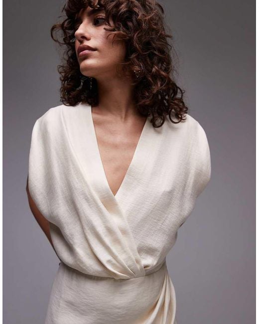 Mango Brown V Neck Draped Fabric Cinched Wait Mini Dress