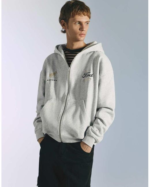 Pull&Bear Gray Ford Zip-up Hoodie for men
