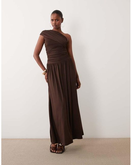 Y.A.S Brown Draping One Shoulder Maxi Dress