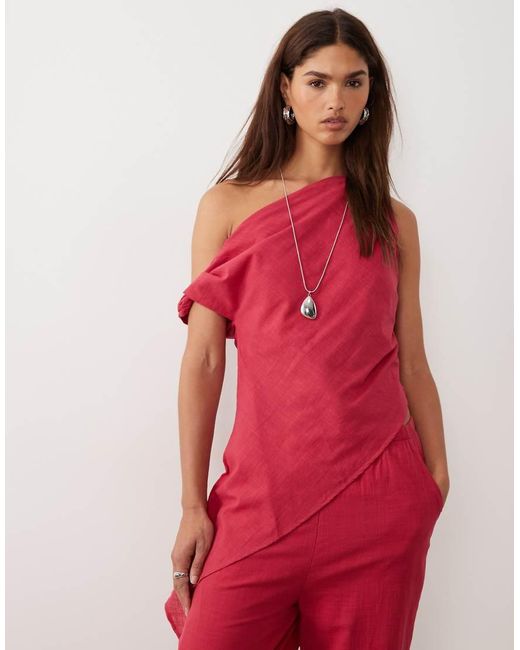 BRONZE SNAKE Red Tasi Off Shoulder Asymetric Cotton Top And Trouser Set