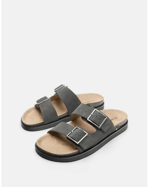 Pull&Bear Gray Buckled Leather Flat Sandals for men
