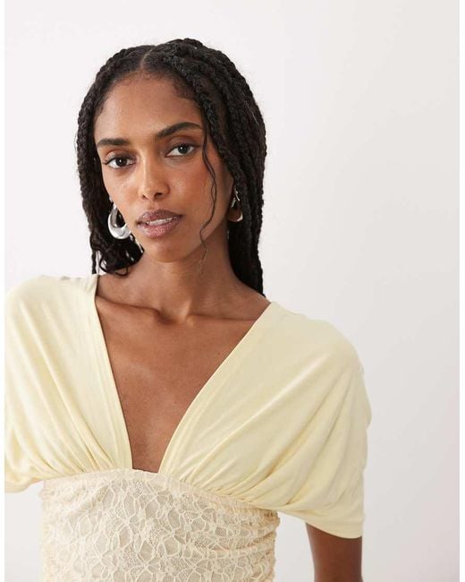 Motel Natural Vernia Plunge Batwing Top With Lace Ruchde Waist