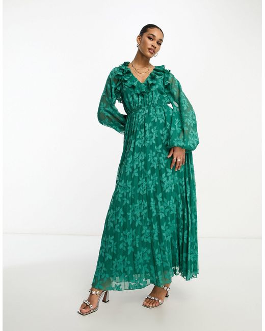 ASOS Green Asos Design Tall Floral Jacquard Burnout Pleated Midi Dress With Ruffle Neck And Open Back