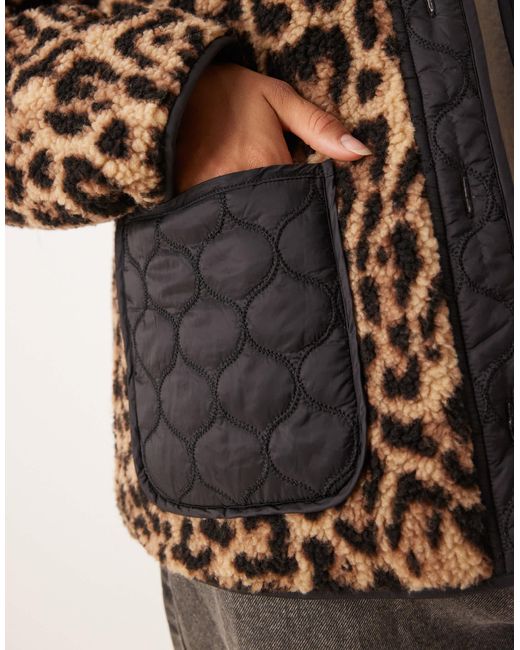 ASOS Natural Leopard Borg Jacket With Quilted Nylon Detail
