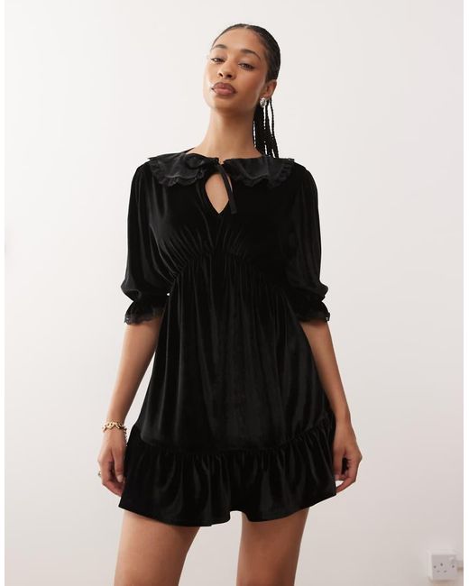 Reclaimed Vintage Black Velvet Collared Mini Dress With Lace Inserts