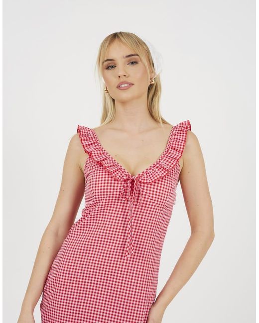 Brave Soul Pink Gingham Sleeveless Ruffle Neck Maxi Dress