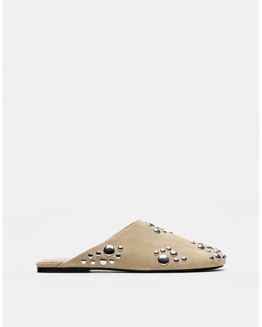 Pull&Bear Leren Muiltjes Met Studs in het Natural