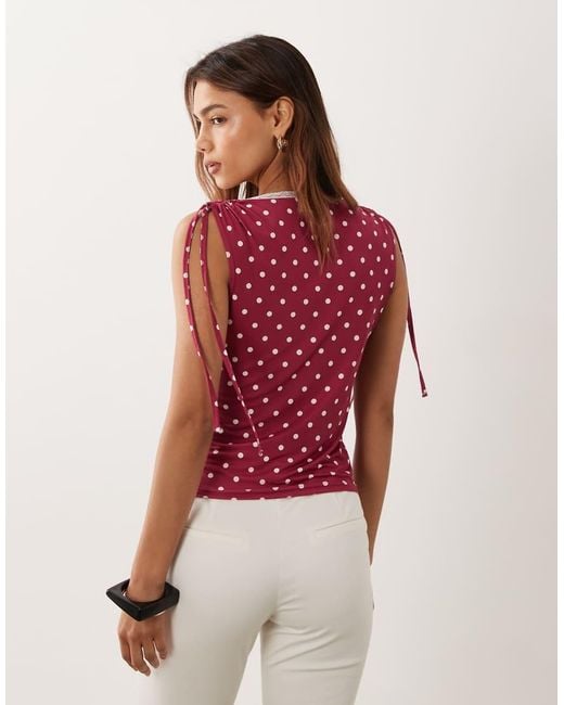 Miss Selfridge Red Ruched Shoulder V-Neck Tank Top With Lace Trim