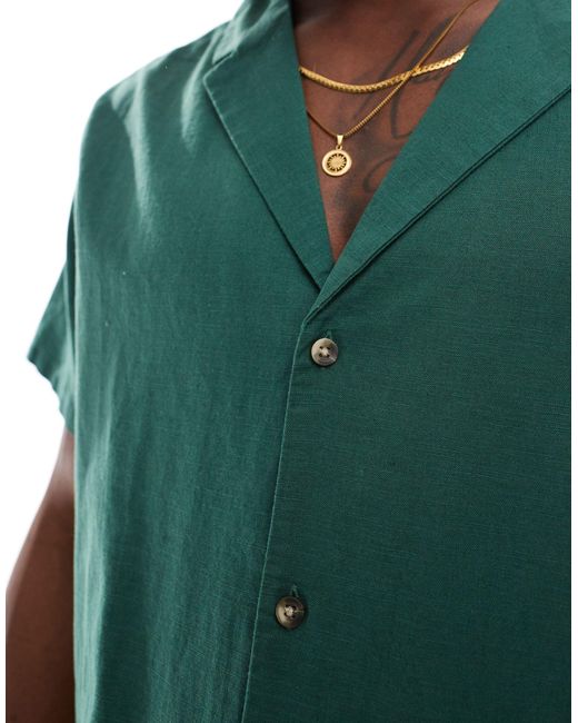 ASOS Green Relaxed Linen Blend Shirt With Deep Revere Collar for men