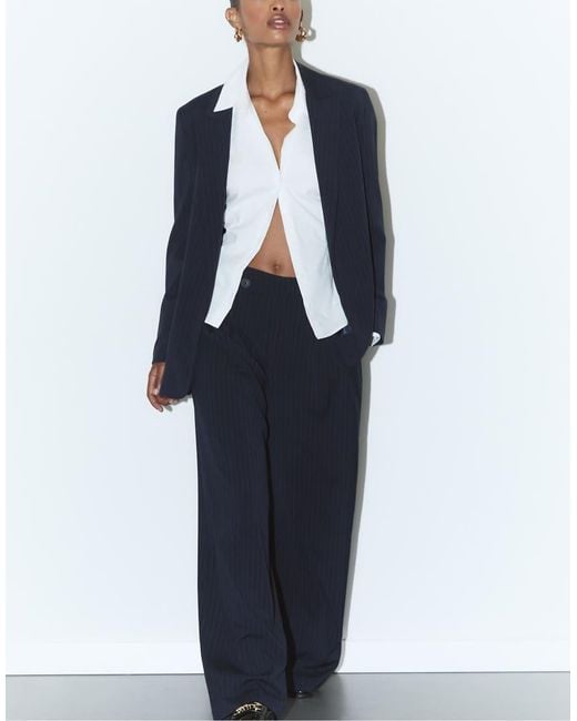 Stradivarius Blue Casual Striped Smart Trousers With Crossover Waist