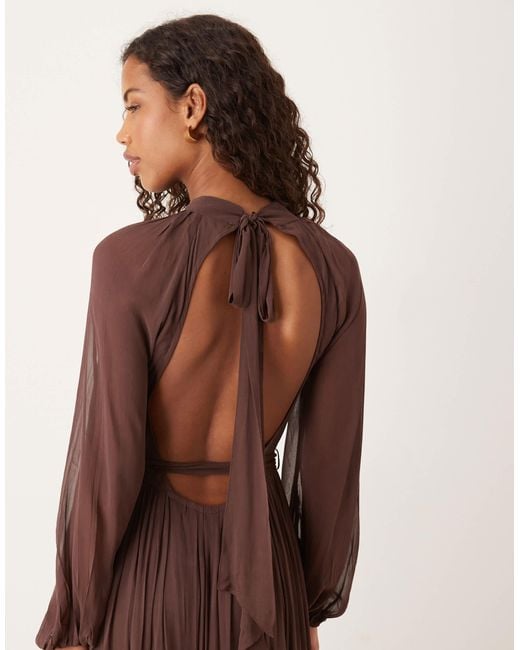 LACE & BEADS Chiffon Balloon Sleeve Maxi Dress in Brown