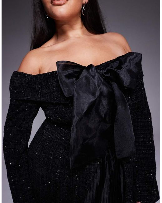 ASOS Black Curve Boucle Bardot Mini Dress With Pleated Skirt And Bow