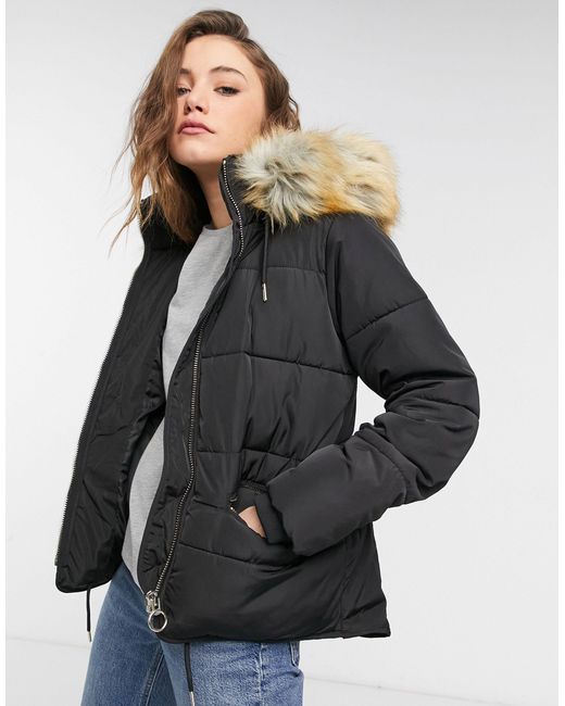 TOPSHOP Black Faux Fur Hooded Coat