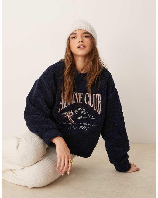 ASOS Ski Club Embroidered Oversized Borg Sweatshirt in Blue | Lyst UK