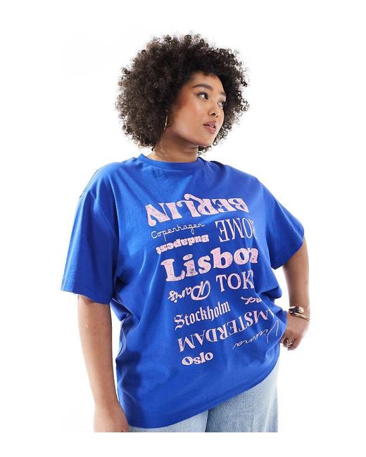 Camiseta Extragrande Con Estampado Gráfico De Ciudades De Asos Design Curve ASOS de color Blue