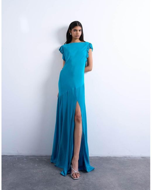 TOPSHOP Blue Cowl Back Flutter Sleeve Maxi Dress