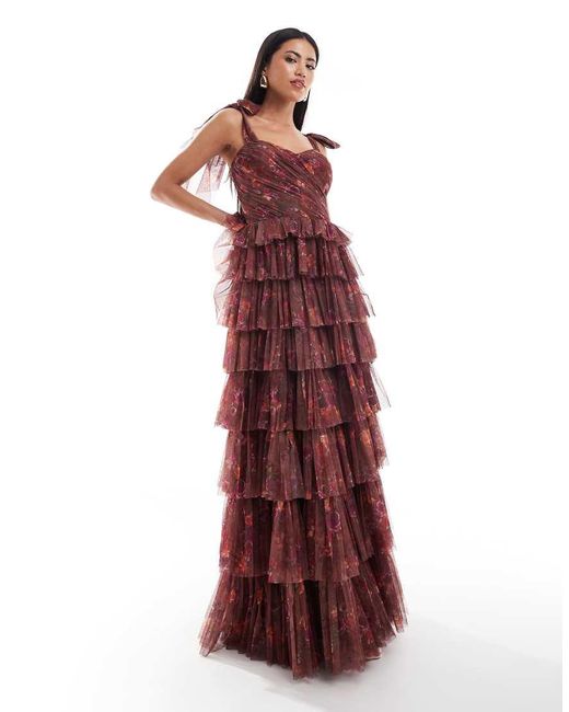 LACE & BEADS Red Bow Shoulder Tulle Maxi Dress