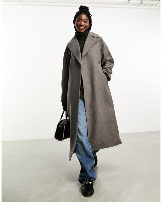 Kia - manteau oversize en laine mélangée avec liens à la taille - marron Weekday en coloris White