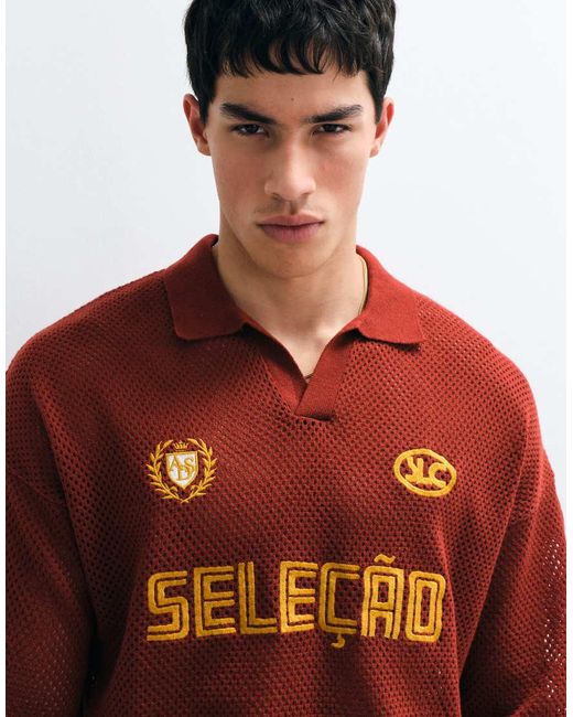 ASOS Red Relaxed Knitted Football-style Notch Neck With Emboridery for men