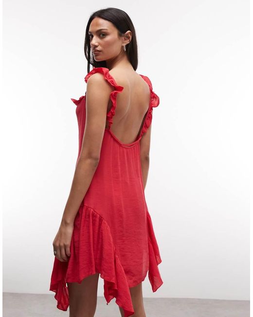 Monki Red Asymmetric Ruffle Mini Dress