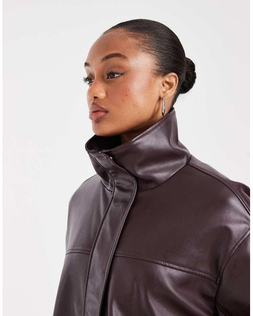 ASOS Brown Asos Design Tall Clean Leather Look Funnel Track Bomber Jacket