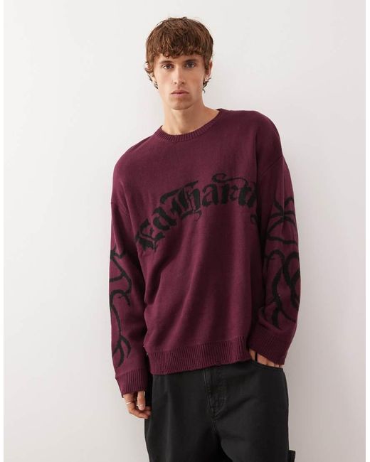 Ed Hardy Purple Intarsia Drag And Tattoo Knitted Crew Jumper for men