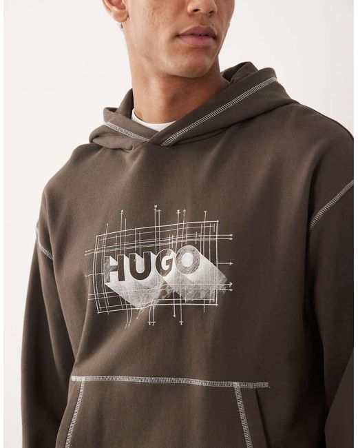 HUGO Gray Nothalium Graphic Chest Print Logo Hoodie for men